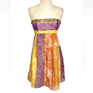 Alice + Olivia Size Small Strapless Mini Dress Silk Cotton Blend Colorful Boho